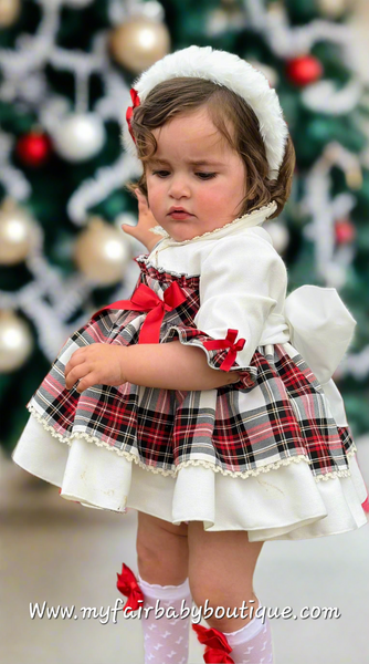 Sonata Infantil AW25 Spanish Girls Ivory Velvet & Red Plaid Christmas Puffball Dress IN2503 ~ MADE TO ORDER