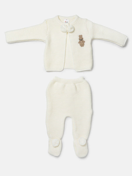 Spanish Baby Boys Cream Bunny Knitted Pom Pom Trouser & Cardigan Set - 1-12m