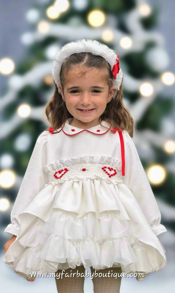 Sonata Infantil AW25 Spanish Girls White Velvet Heart Smocked Puffball Dress IN2507 ~ MADE TO ORDER