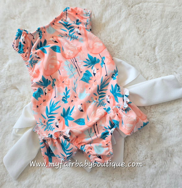 Girls Peach Flamingo Print Bow Swimsuit ~ 2-12y