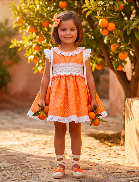 Sonata Infantil SS26 Girls Orange Polkadot Puffball Dress & Hairbow VE2629 ~ MADE TO ORDER