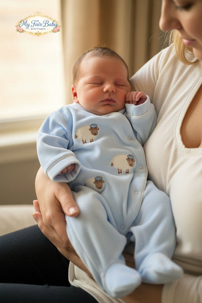 Spanish Baby Boys Blue Sheep Velour Sleepsuit/Babygrow 23120