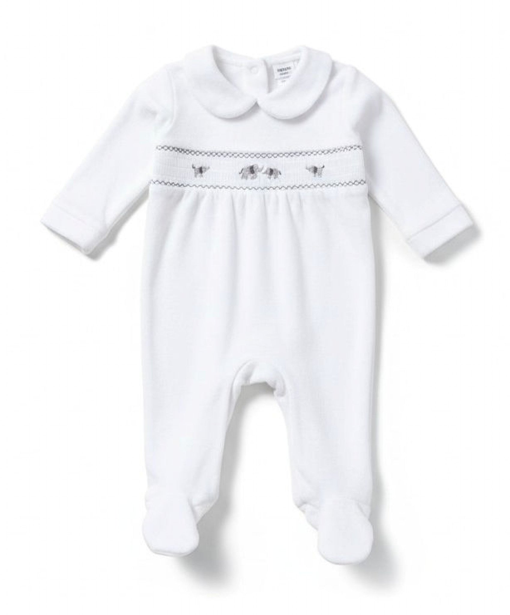 Traditional Unisex Baby White Smocked Elephant Velour Sleepsuit/Babygrow ~ 0-9m