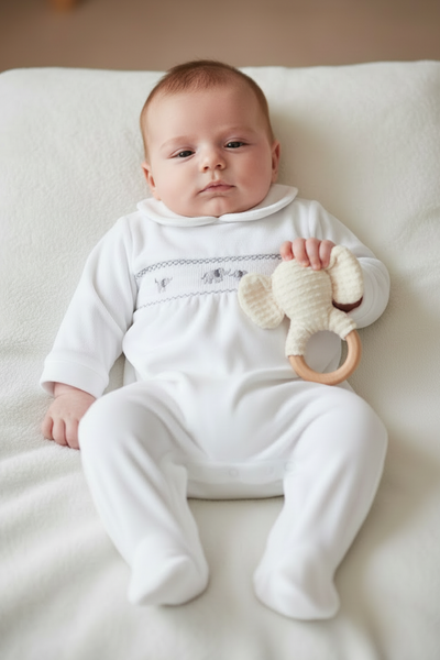 Traditional Unisex Baby White Smocked Elephant Velour Sleepsuit/Babygrow ~ 0-9m