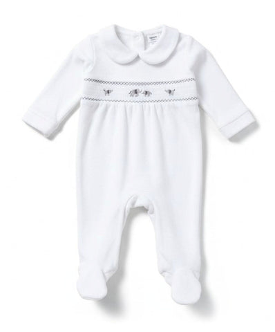 Traditional Unisex Baby White Smocked Elephant Velour Sleepsuit/Babygrow ~ 0-9m