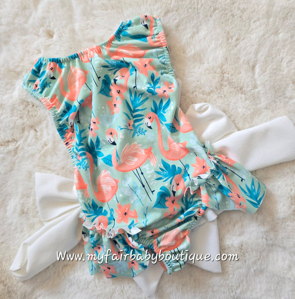 Girls Mint Flamingo Print Bow Swimsuit ~ 2-12y