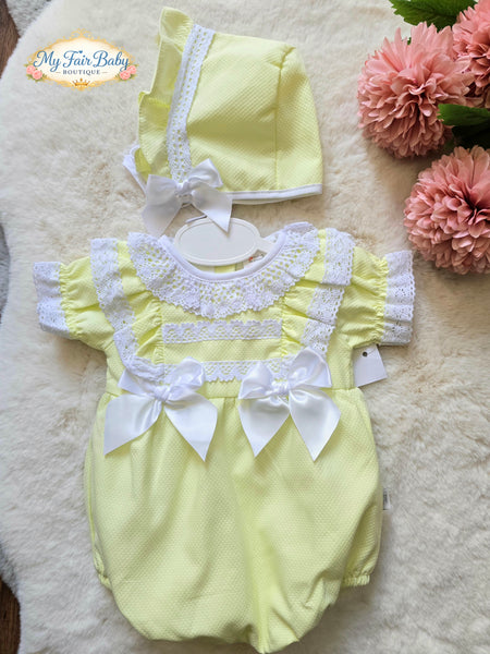 Spanish Baby Girls Lemon Waffle Romper & Bonnet Set