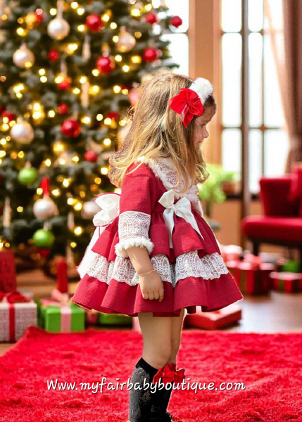 Sonata Infantil AW25 Spanish Girls Red Lace & Fur Puffball Dress IN2506 ~ MADE TO ORDER