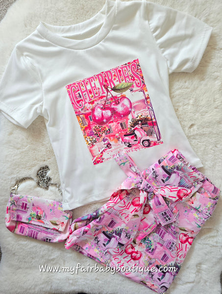 Older Girls Pink Cherries Print Top, Shorts & Bag Set ~ 4-14y