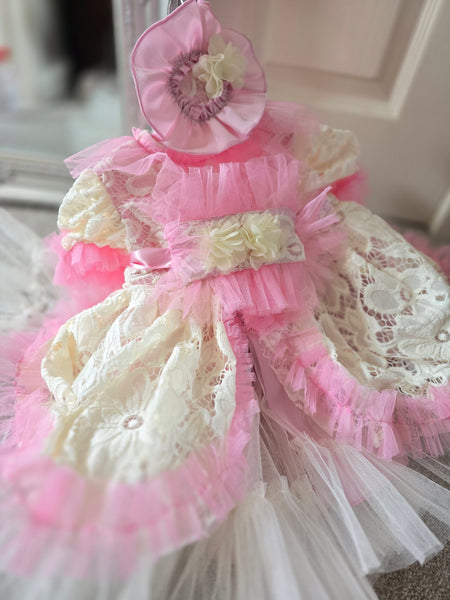 Ela Confeccion SS25 Spanish Girls Pink & Cream Tulle & Lace Puffball Dress ~ IN STOCK NOW