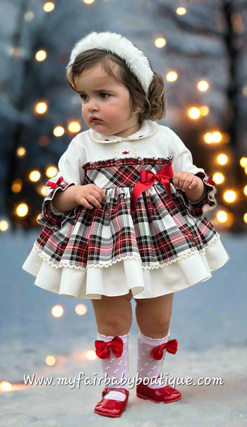 Sonata Infantil AW25 Spanish Girls Ivory Velvet & Red Plaid Christmas Puffball Dress IN2503 ~ MADE TO ORDER