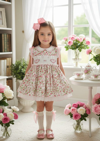Sonata Infantil SS26 Girls Multi Floral Smocked Heart Dress VE2617 ~ MADE TO ORDER