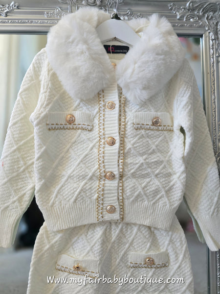 Girls Cream Diamond Knit Fur Cardigan & Skirt Set ~ 4-8y