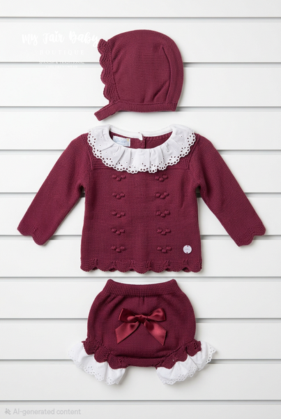Spanish Baby Girls Burgundy Knitted 3pc Jam Pant Set