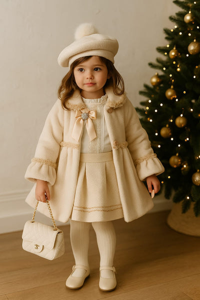 Sonata AW25 Spanish Girls Luxury Cream Fur Winter Coat & Beret NA2511 ~ 24m ~ IN STOCK NOW