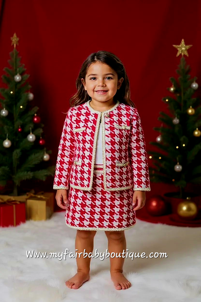 Girls Red Houndstooth 3pc Skirt Set ~ 4-12y