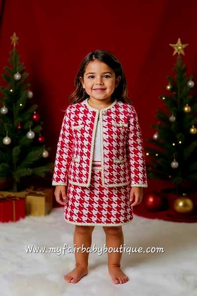 Girls Red Houndstooth 3pc Skirt Set ~ 4-12y