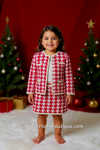 Girls Red Houndstooth 3pc Skirt Set ~ 4-12y