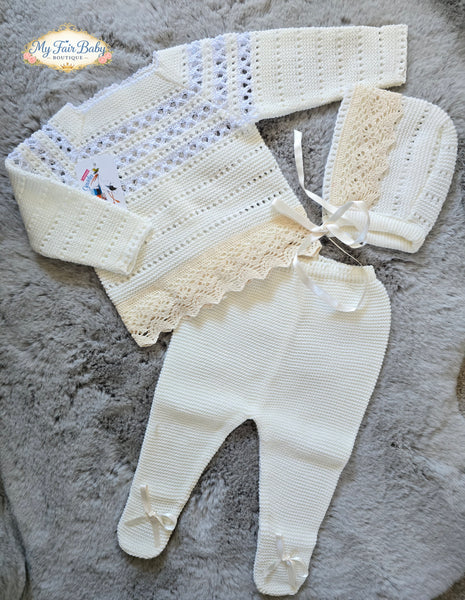 Spanish Creaciones Gavidia Unisex Baby Cream Knitted 3pc Lace Set 6132