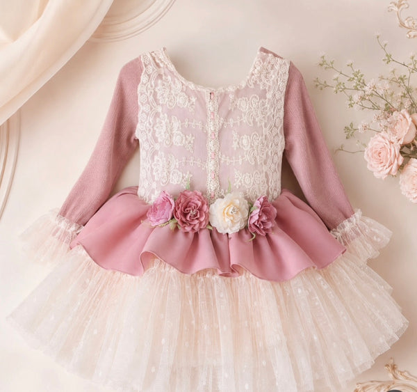 Ela Confeccion AW26 Spanish Girls Pink Knitted Puffball Dress - MADE TO ORDER