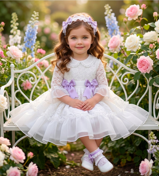 Sonata Spanish Girls White & Lilac Lace Puffball Dress VE2627- MADE TO ORDER