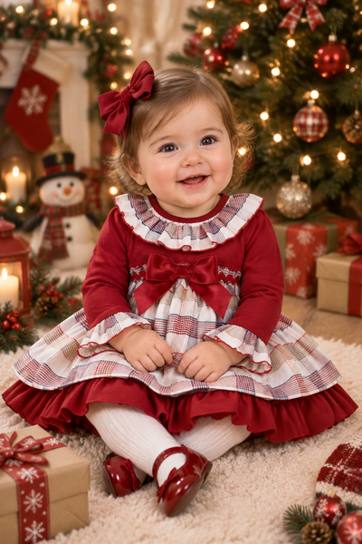 Spanish Girls Burgundy Checkered Christmas Dress & Pants ~ 3-36m