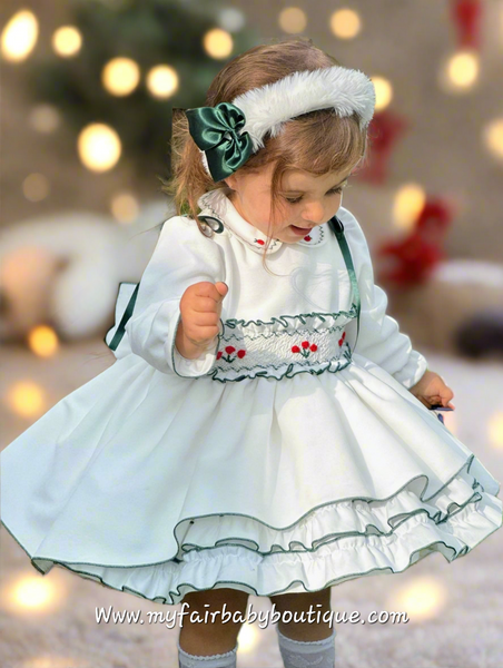 Sonata Infantil AW25 Spanish Girls White & Green Velvet Smocked Puffball Dress IN2510 ~ MADE TO ORDER