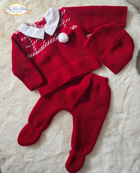 Spanish Baby Boys Red Knitted 3pc Set ~ 0-3m