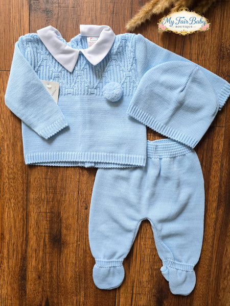 Spanish Baby Boys Blue Knitted 3pc Set ~ 0-3m