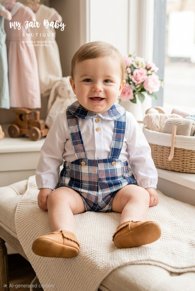Spanish Baby Boys Navy & White Plaid Dungaree Set ~ 3-36m