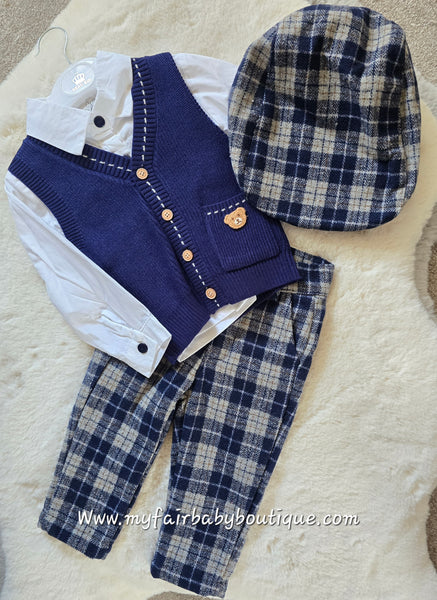 Beau Kid Traditional Boys Navy Check Trouser 4pc Set 2821
