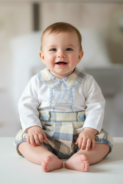 Spanish Baby Boys Blue & Cream Check Short Set - 18-36m