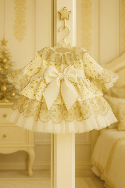 Sonata AW25 Spanish Girls Cream & Gold Star Christmas Dress NA2501 - MADE TO ORDER