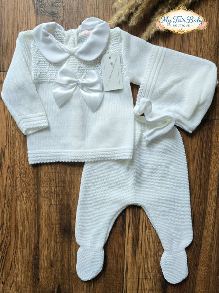 Spanish Baby Girls White Knitted 3pc Set ~ 0-3 months