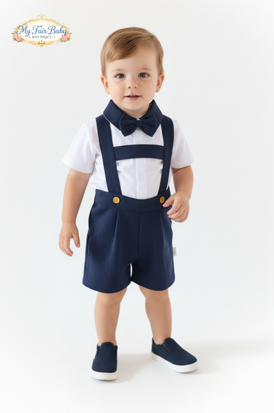 Spanish Baby Boys Navy Waffle H-Bar Dungarees 3pc ~ 3-24m