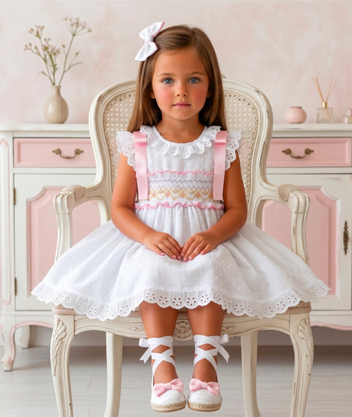 Sonata Infantil SS26 Girls White Plumetti Smocked Puffball Dress VE2631 ~ MADE TO ORDER