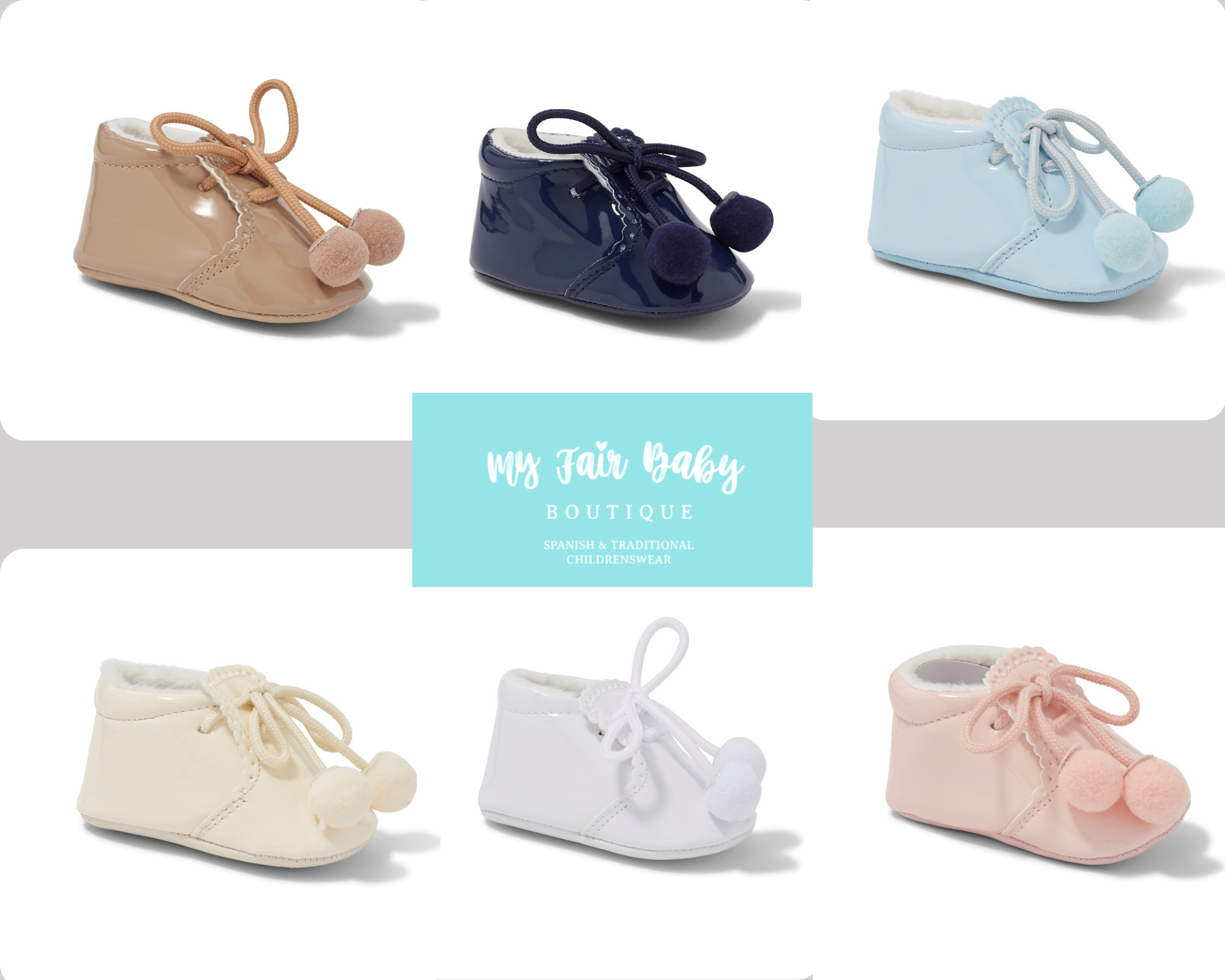 Spanish Style Patent Baby Pom Pom Booties 8 Colour Options My Fair Baby Boutique
