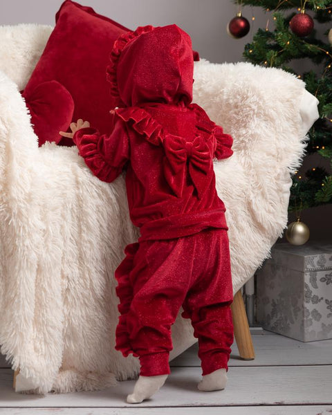 Caramelo Kids Girls Red Shimmer Ruffle Tracksuit - 7-8y