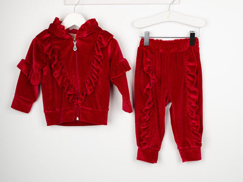 Caramelo Kids Girls Red Shimmer Ruffle Tracksuit - 7-8y