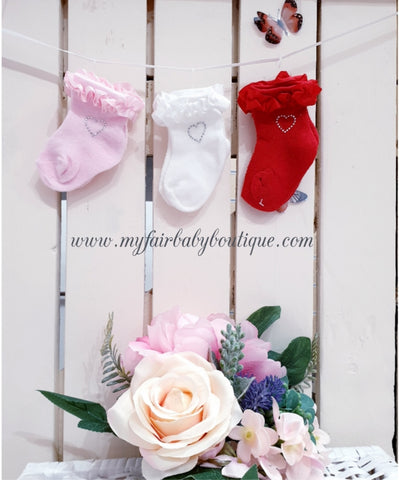 Baby Girls Frilly Ribbon & Diamante Ankle Socks