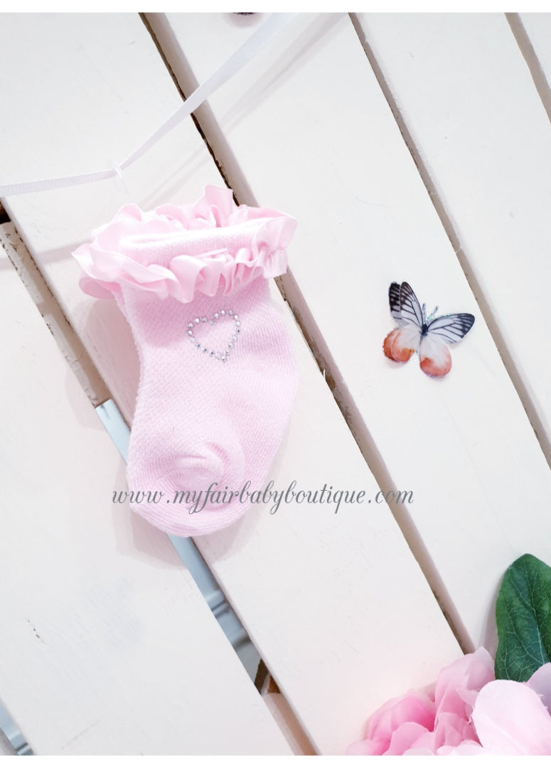 Baby Girls Frilly Ribbon & Diamante Ankle Socks