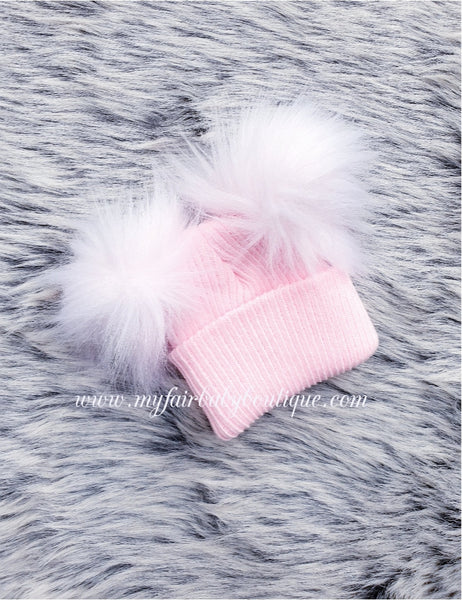 Baby Double Faux Fur Pom Pom Hat - 6 Colours