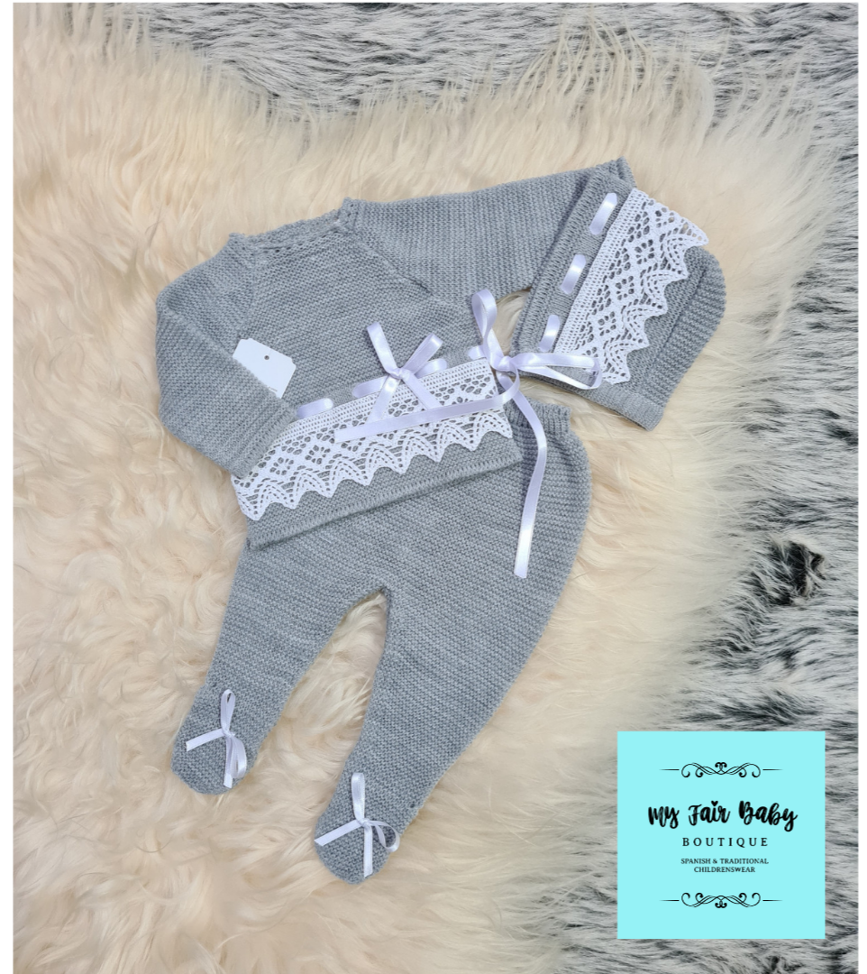 Spanish Unisex Baby Grey Knitted 3 Piece Set - 3m