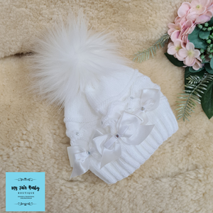 Baby Girls White Triple Bow Faux Fur Pom Pom Hat - 3-12m