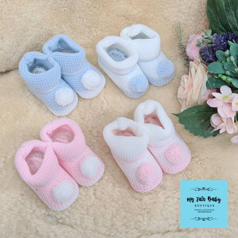 Knitted Baby Pom Pom Booties ~ 0-3 months