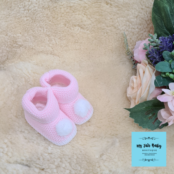 Knitted Baby Pom Pom Booties ~ 0-3 months