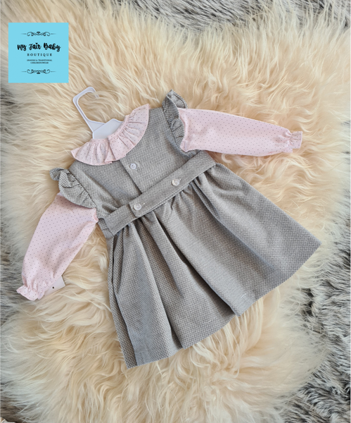 Spanish Baby Girls Grey Woven Mock Pinafore Dress ~ 12m