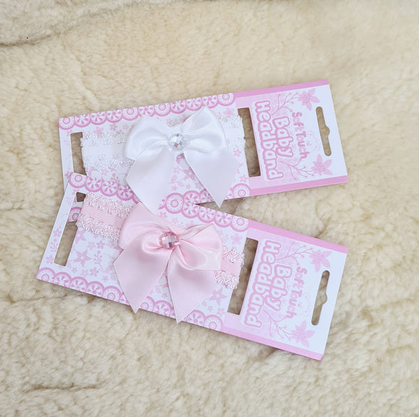 Baby Girls Bow & Gem Lace Headband - White or Pink
