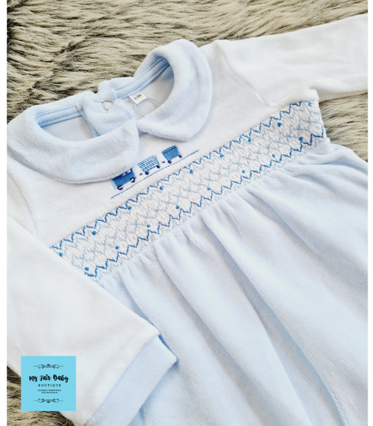 Traditional Baby Boys Blue Train Smocked Velour Sleepsuit / Babygrow
