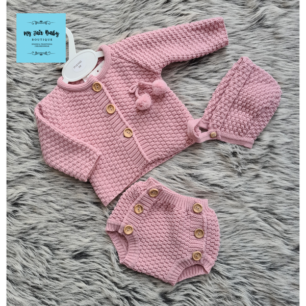 Traditional Baby Girls Pink Knitted Jam Pant Set - 12-24m